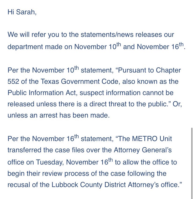 When I asked LPD this week why no arrest has been made in this case, they referred me to two previous statements. 

Video exists of this killing. And no one has been arrested.