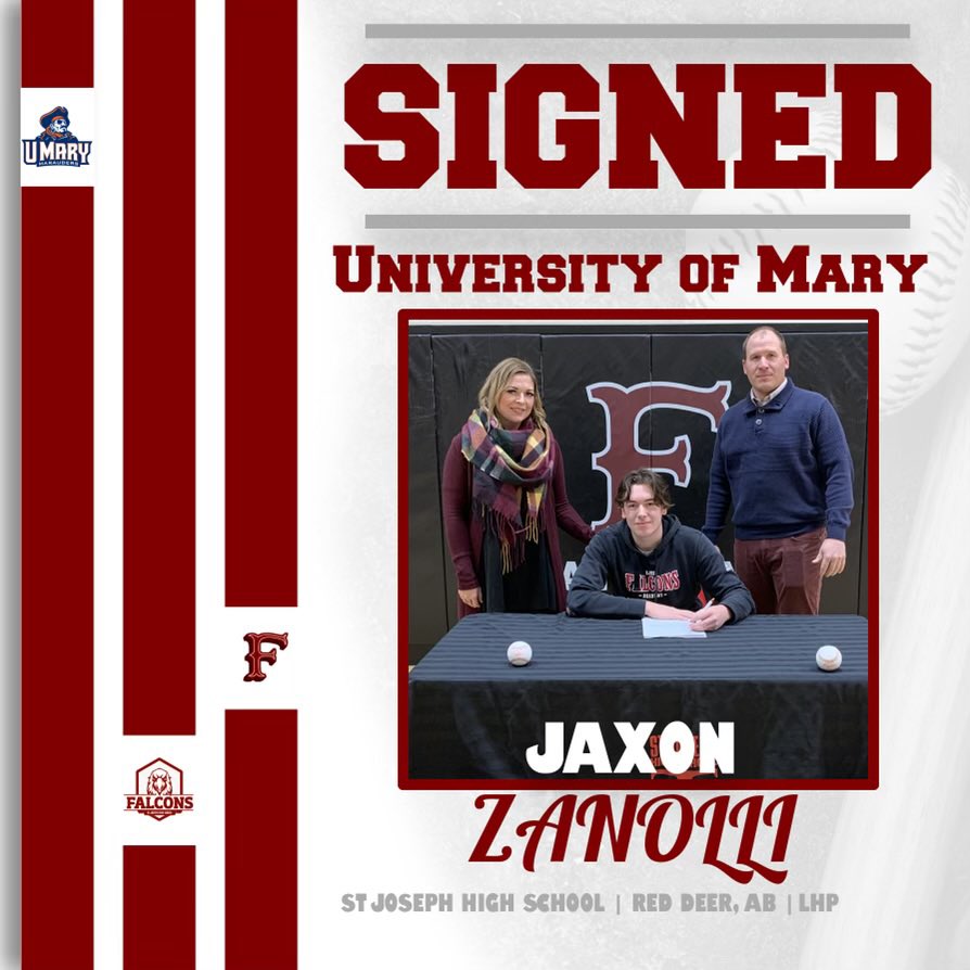 SJHSBallAcademy's tweet photo. Congratulations to @JaxonZanolli and his family on his commitment to @UmaryBaseball. We are extremely proud of you. UMary is getting a great arm and we can’t wait to follow your career!! @reddeerbaseball @rdcrs @CDNBaseballNet @tburns34 https://t.co/NfY6xvlRhj