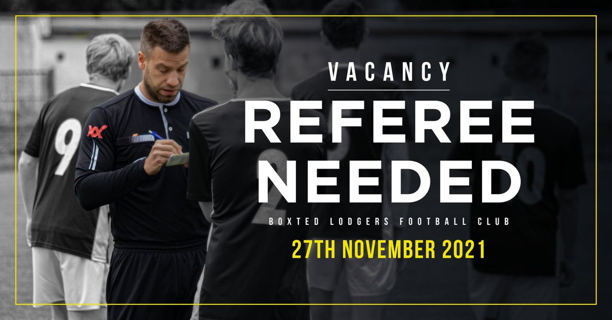Boxted Lodgers FC (@boxtedlodgersfc) on Twitter photo Boxted Lodgers Reserves are looking for a referee for this Saturday for our away game to Gas Recreation
Reserves Please can you get in touch or if you know of someone to get them to get in contact ASAP please!
#ESBL
<a href="/E_SBorderLeague/">Essex & Suffolk Border League</a>
<a href="/EssexCountyFA/">Essex County FA</a>
<a href="/EssexReferees/">Essex Referees</a> Boxted Lodgers Reserves are looking for a referee for this Saturday for our away game to Gas Recreation
Reserves Please can you get in touch or if you know of someone to get them to get in contact ASAP please!
#ESBL
<a href="/E_SBorderLeague/">Essex & Suffolk Border League</a>
<a href="/EssexCountyFA/">Essex County FA</a>
<a href="/EssexReferees/">Essex Referees</a>