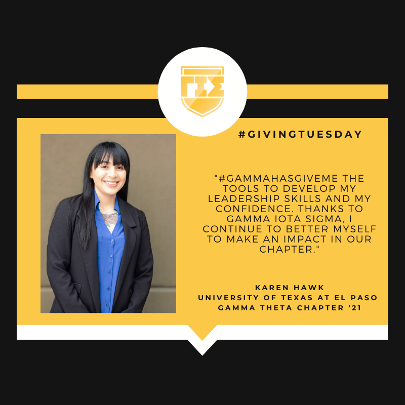 GammaIotaSigma's tweet photo. Karen Hawk, member of the Gamma Theta Chapter at the University of Texas at El Paso, shares how GIS has impacted her college experience. #GivingTuesday

It's not too late! #GivetoGamma to support students like Karen: https://t.co/IBje8kSFkA https://t.co/lEoZtt7zYD