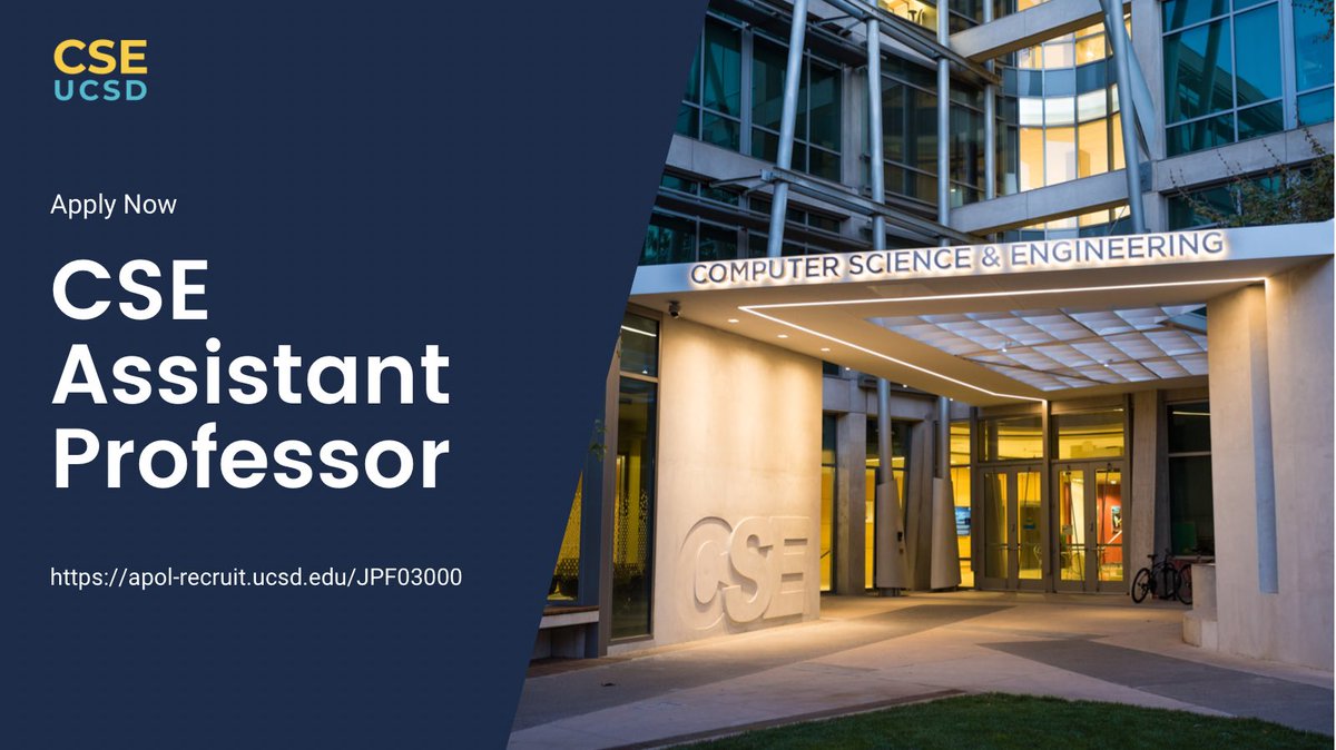 ucsd_cse's tweet photo. Work for CSE! 
The UC San Diego Department of Computer Science and Engineering (CSE) invites applications for multiple tenure-track faculty positions at the Assistant Professor rank.

Apply here: https://t.co/rBj8kFi8Mg https://t.co/mPEggnmcRy