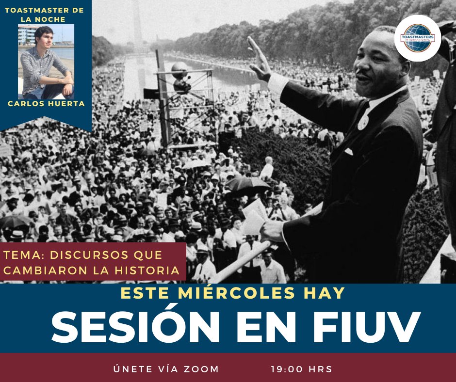TMFiuv's tweet photo. "Tengo un sueño, un solo sueño, seguir soñando."
Martin Luther King

Esta noche conoceremos algunos de los discursos que dejaron huella en la historia, de la mano de nuestro Toastmaster, Carlos Huerta.🗣️

Está noche  a las 19:00 CDMX🗣️

¡Pregunta por el enlace!

#Toastmasters https://t.co/tOc1hRcQhd