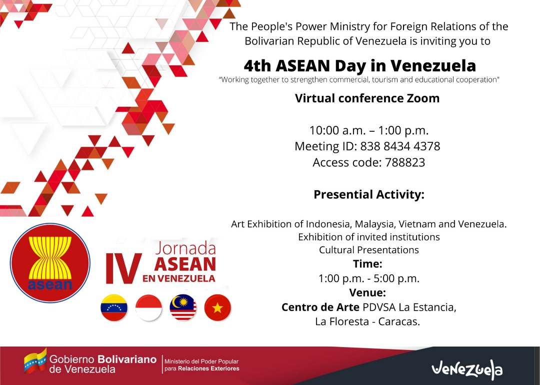 EmbavenezKL's tweet photo. Embassy of the Bolivarian Republic of Venezuela in Malaysia and Thailand is inviting you to 4th ASEAN DAY in Venezuela. Special intervention of Professor BUNN NAGARA from Malaysia @MalaysiaMFA @saifuddinabd  @MFAThai @Asean2021_BN @ASEAN @CancilleriaVE @PlasenciaFelix https://t.co/4cFBDSPE4w
