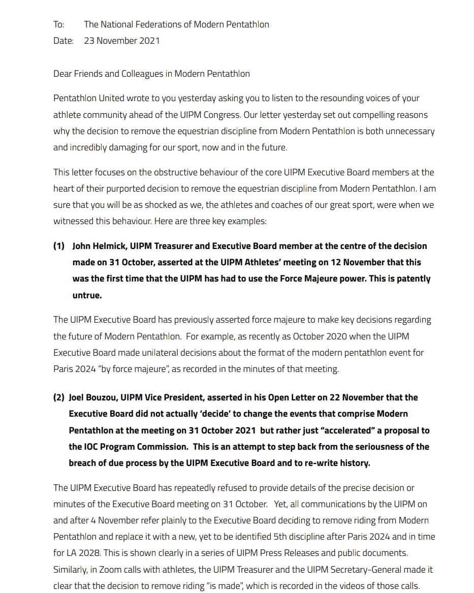 PentUnited's tweet photo. We wrote another letter to the National Federations 📝 to follow on from the correspondence dated 22nd November. This one focuses on the obstructive behaviours of the core UIPM Executive Board members. https://t.co/nXqQmgJUkp