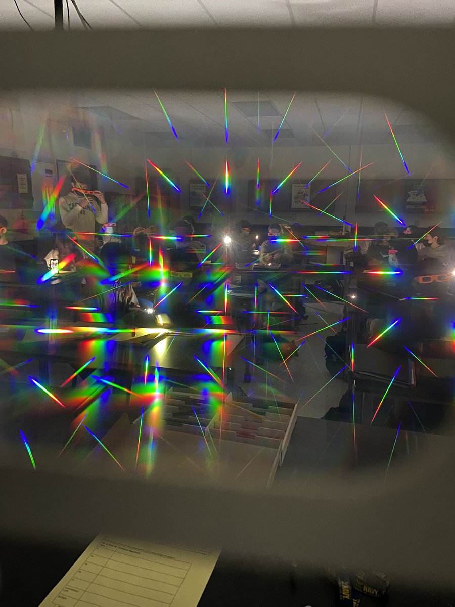 msshurminskyRHS's tweet photo. Fun with light for a short week! Chem Ss work to explain why fireworks explode in colors. To investigate, we analyzed light emitted when metals are lit on fire. Then, we donned diffraction glasses to split visible light into specific colors (last pic!). @RSDSciTechEd @RamseyHSNJ https://t.co/ujWAqPUVcb