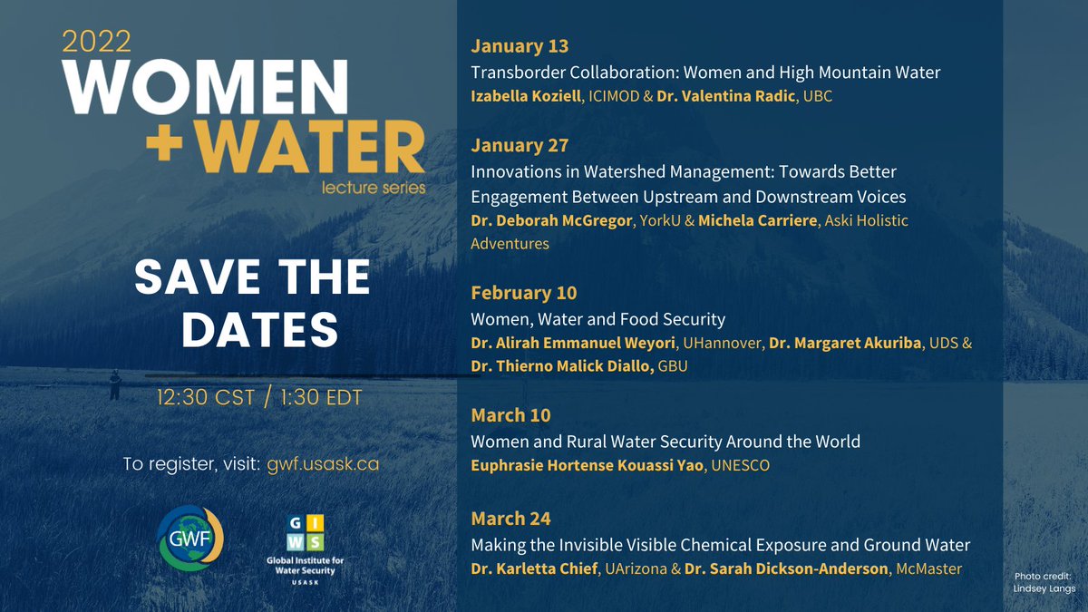 Our #WomenAndWater Lecture Series is returning in January 2022!

The series includes Canadian &amp; International #WaterResearch topics featuring outstanding leaders in the field!

All are welcome &amp; encouraged to attend!

Register now 👉bit.ly/3DOVUTe

#Water #GWFYP #GWFEDI