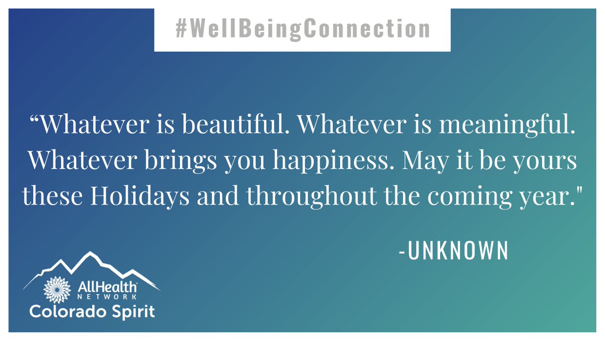 AllHealthNet's tweet image. This week the Colorado Spirit Team would like to share some stress management and coping techniques to help you and your loved ones navigate this holiday season. Read the Well-Being Connection here: bit.ly/30WegDm

Ver en español: bit.ly/3DWPkKw