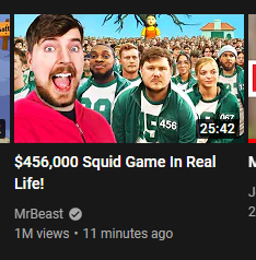 Say what you want about Mr Beast, and certainly more so about imitating something like Squid Game, but one million views in ten minutes is... Wow, quite something. #MrBeastSquidGame