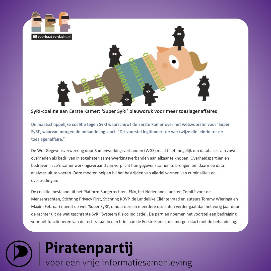 Piratenpartij's tweet photo. De rechter heeft #SyRI naar de prullenbak verwezen
https://t.co/hcoEzipB03
Tweede Kamer: "maak het erger"
en neemt WSG aan. #SuperSyri
Blauwdruk voor het volgende #toeslagenschandaal
Autoriteit Persoonsgegevens adviseert Eerste Kamer: neem WGS niet aan.
https://t.co/iv2wkqYHKz https://t.co/S8qTpPcCSl