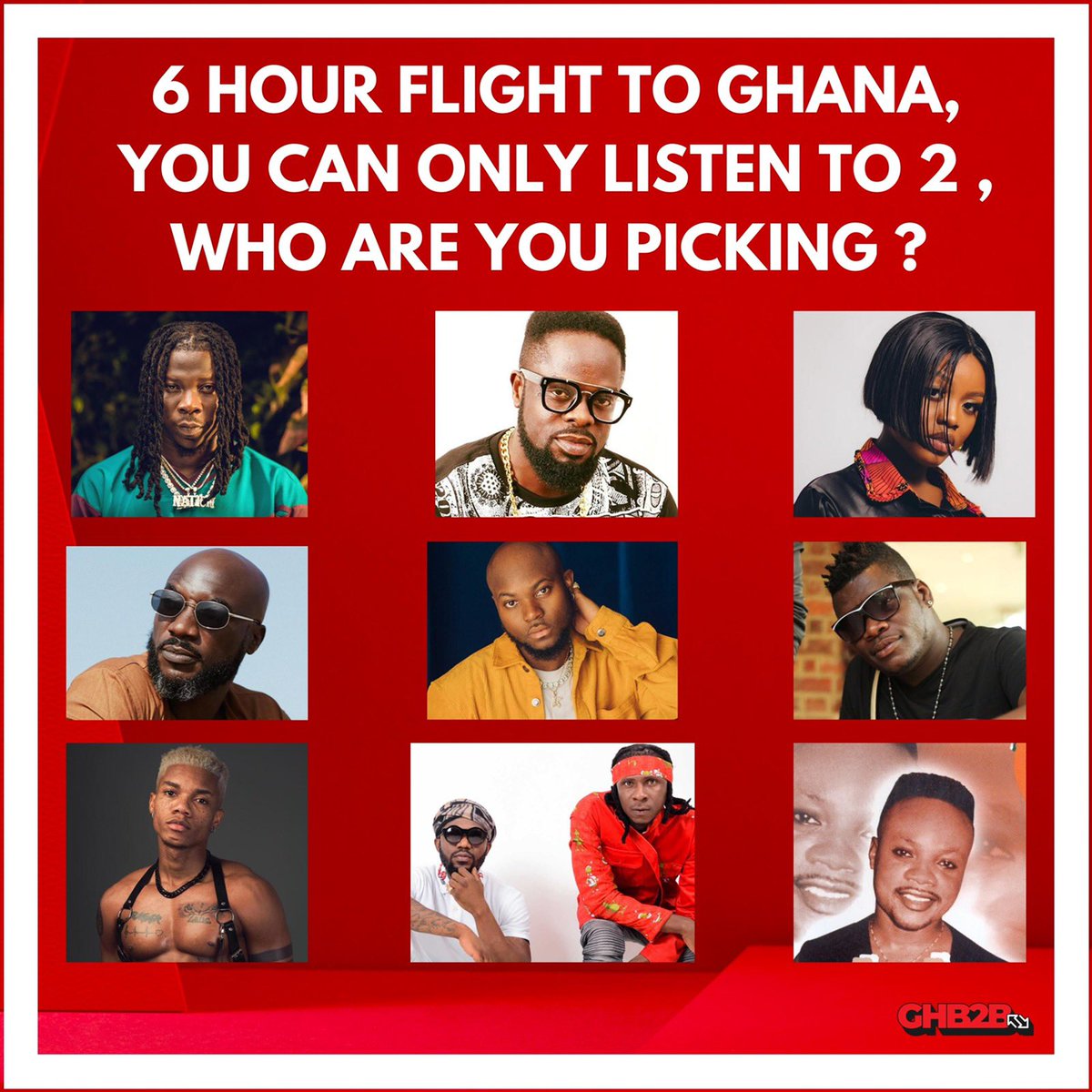 6 hour flight and You can only pick TWO artists - who are you picking? ✈️🇬🇭

QT and let us know who you’re picking!👀🤔

#ghb2b #ghana #xmas