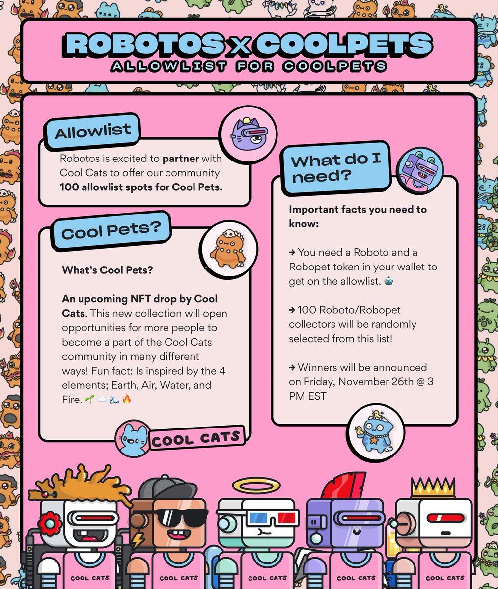 robotosNFT's tweet photo. We're so pumped to partner with our friends at @coolcatsnft to offer our community 100 allowlist spots for their upcoming Cool Pets! 🤖🐱

Head over to our Discord to get all the deets! https://t.co/Sa3jONAZ4C https://t.co/41AiJa2lMN