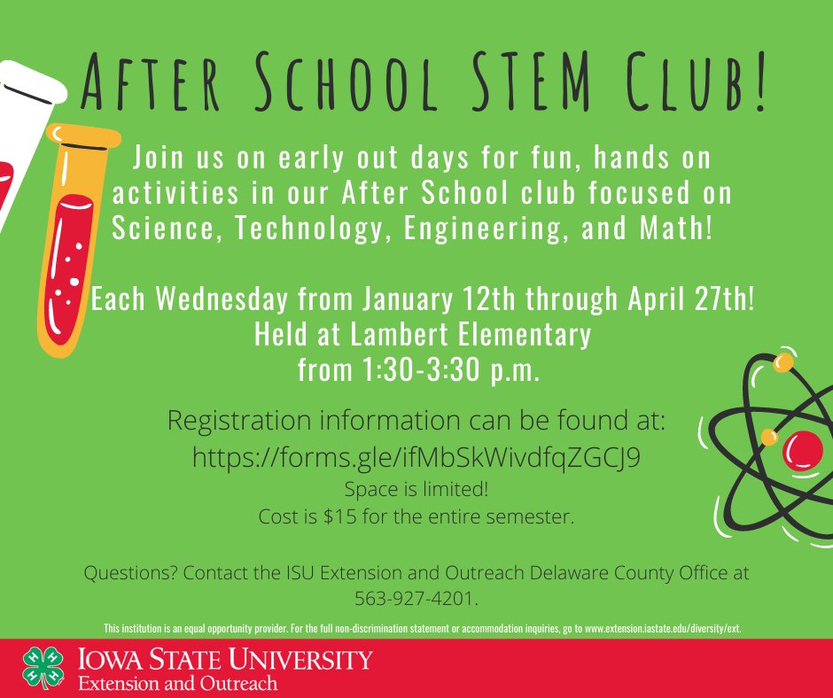ISUExtDelaware's tweet photo. Registration is now OPEN for our 2nd semester of the After School STEM Club!! 

Don't miss out on the fun!  Space is limited! 

Register online at: https://t.co/dS1LBdYUIW https://t.co/tTjXnUez6T