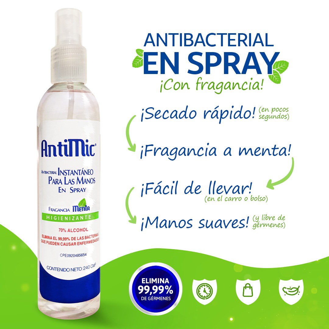 ANTIMIC_VE's tweet photo. ANTIMIC, Antiséptico instantáneo para las manos en spray de 240cm3 https://t.co/jlqLVM3z6P