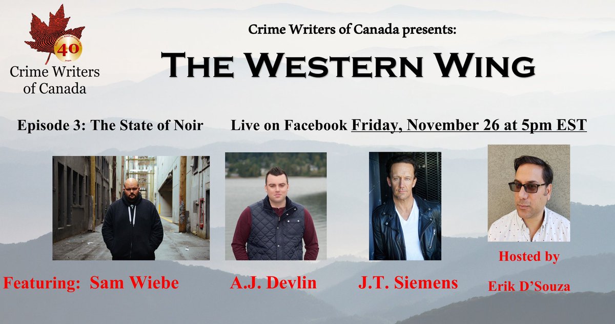 JEREMYSIEMENS's tweet photo. Excited to chat about noir with these crime fiction heavy-hitters this Friday. #crimewritersofcanada #samwiebe #ajdevlin #jtsiemens #noir #CrimeFiction https://t.co/wQQ0NJLHjf