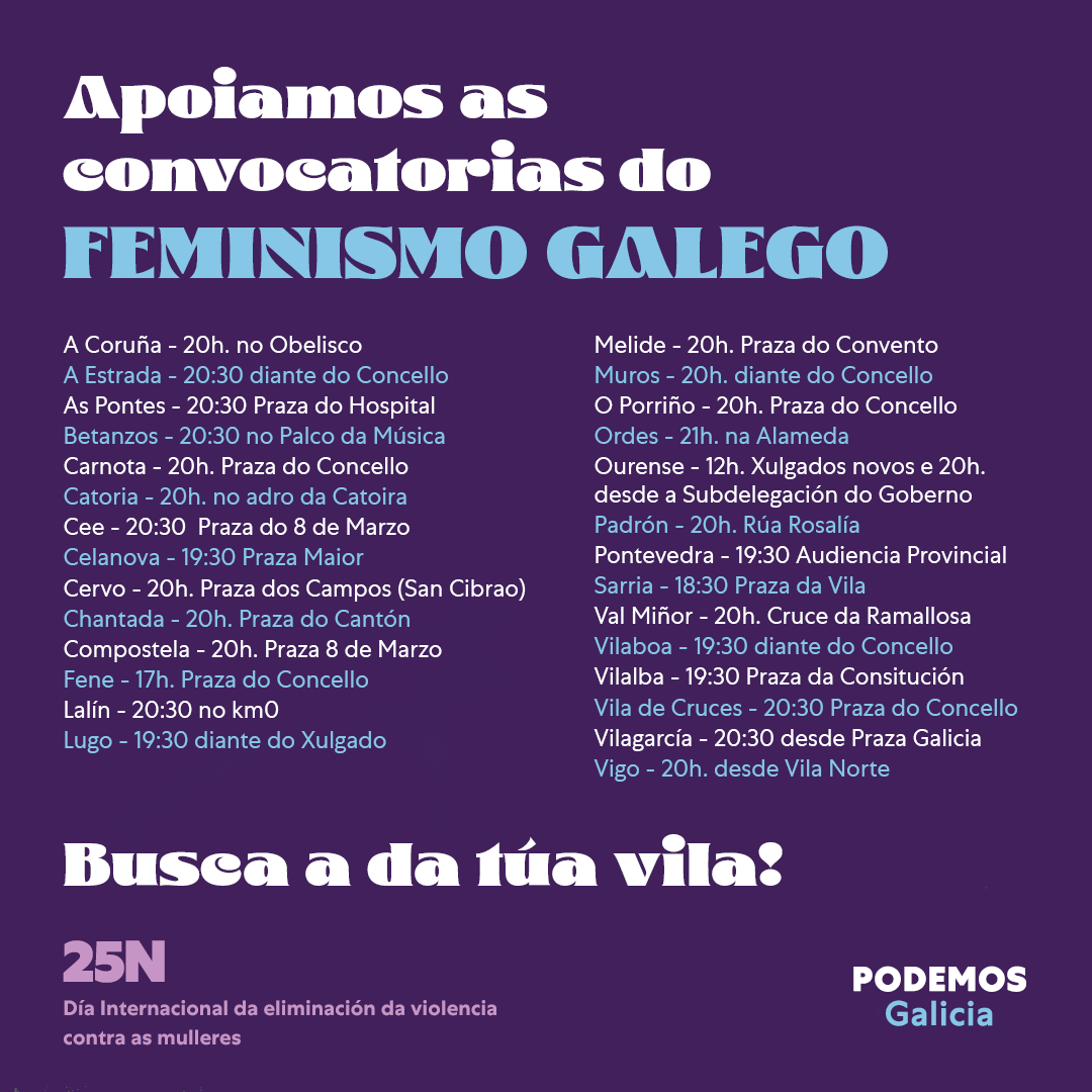 Podemos_Galicia's tweet photo. Mañá, xoves #25N, as feministas ♀️ saímos ás rúas de toda Galicia contras as violencias machistas!

Busca a mobilización da túa localidade e acude! https://t.co/mwwdMqX0cA