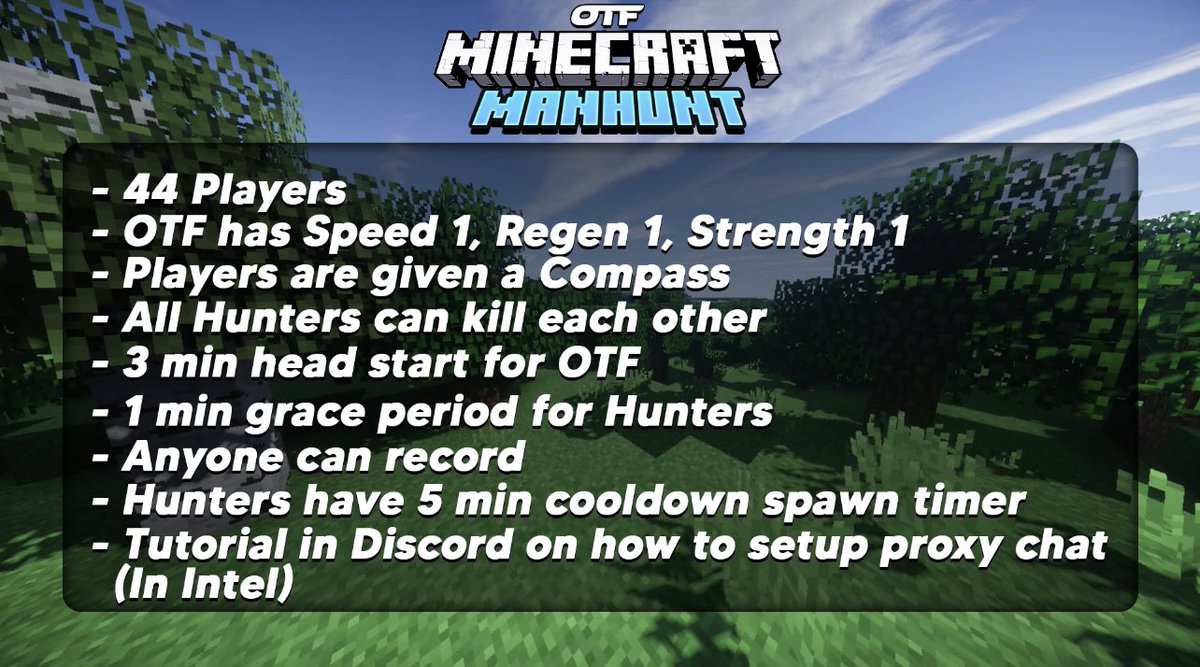 OnTheFlyTwitch's tweet photo. Rules below. YOU MUST join our Discord to take part: https://t.co/V0z6RmkFqv

React to the newest role in the #Roles channel and you will be given access to the Minecraft Manhunt chat where the IP and more info will be posted on the day, best of luck ⚔ https://t.co/c09SUxhkfK