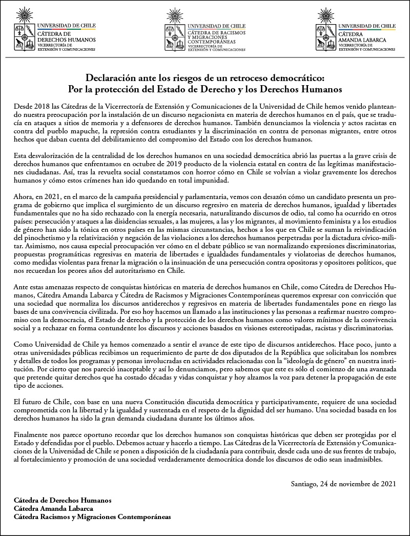 Ante los riesgos de un retroceso democrático en el país, las Cátedras de Derechos Humanos, Amanda Labarca y Racismos y Migraciones Contemporáneas declaran su rechazo y preocupación por la normalización de expresiones discriminatorias. La declaración aquí: uchile.cl/u182063