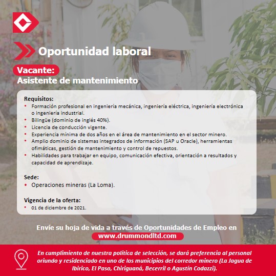 DrummondLtdCo's tweet photo. 💼#Empleo: ¡Abrimos una vacante para Asistente de mantenimiento!
Si cumples con los requisitos postúlate aquí: https://t.co/XLb70ZRvOs
¡RT para que todos se enteren de esta #OportunidadLaboral! https://t.co/kTJCEnKvmn