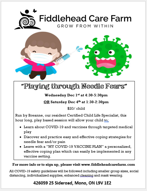 GrowWithFCF's tweet photo. Is your child nervous about their upcoming COVID vaccine shot? Let the therapy staff at FCF help prepare their brains &amp; bodies for their upcoming “poke” through a fun, play based session at the farm.
Dec 1 at 4:30-5:30pm OR Dec 4 at 1:30-2:30pm
Sign up at https://t.co/J4M11azQe9 https://t.co/75YY8astof