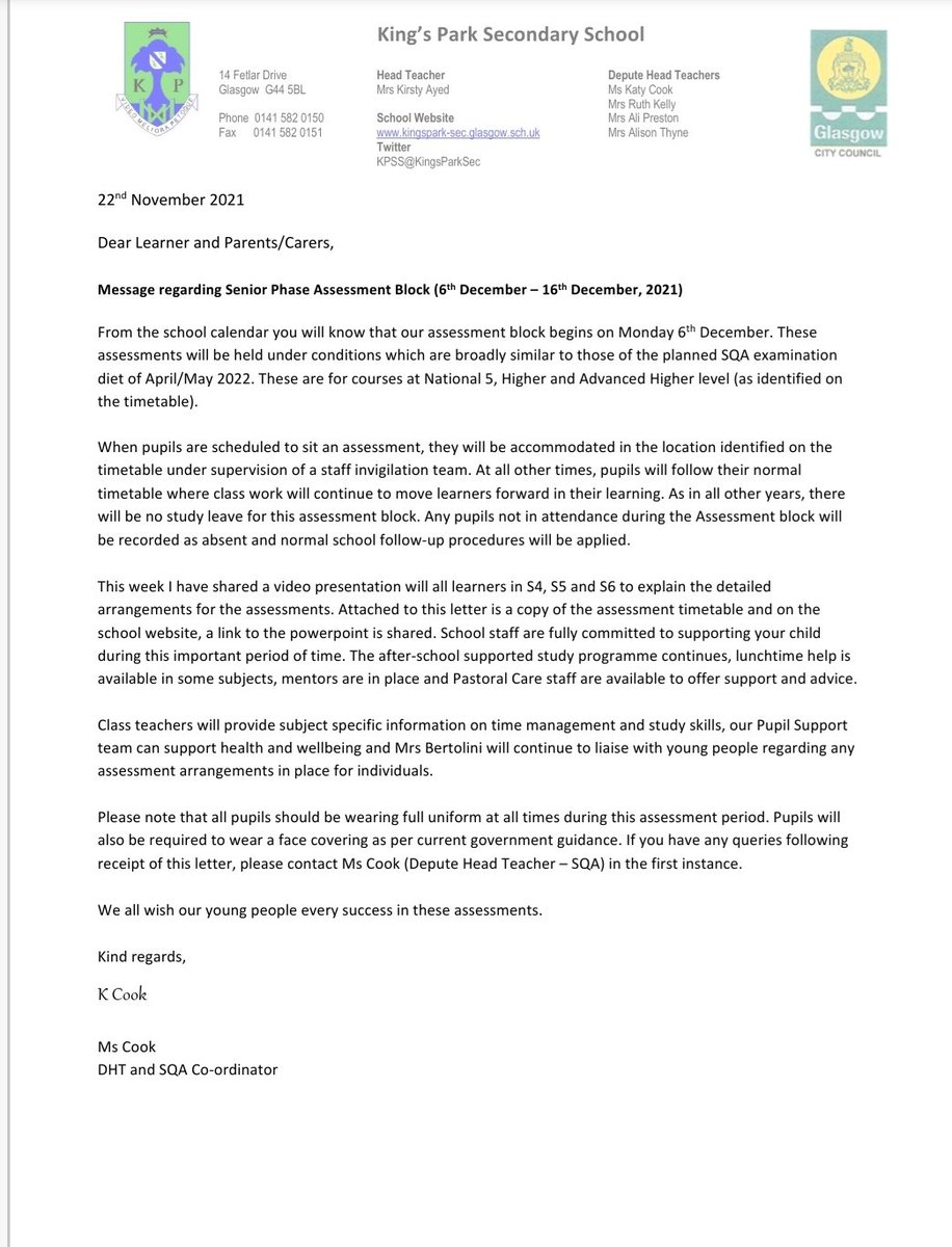 KingsParkSec's tweet photo. 📢 Please read the letter from Ms Cook detailing arrangements for our forthcoming Senior Phase Assessment Block. The assessments will take place from 6th-16th December. Please get in touch if you need any support. @KPSSParent #believeachieve https://t.co/ngBJb4Wk1L