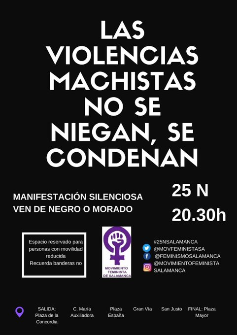 movfeministasa's tweet photo. Mañana #25N2021 os esperamos a las 20:30h. en la Plaza de la Concordia. Este es nuestro manifiesto. Contra los discursos negacionistas de la violencia de género. Por el cumplimiento y mejora del Pacto de Estado.

LAS VIOLENCIAS MACHISTAS NO SE NIEGAN, SE CONDENAN
#25NSalamanca https://t.co/9pIk0wjvp9
