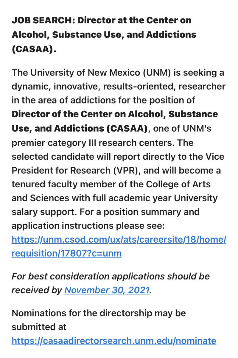 Job search: Director of Center on Alcohol, Substance Use, and Addictions (CASAA) <a href="/UNM/">Univ. of New Mexico</a>. Seeking a dynamic, innovative, results-oriented, researcher in the area of addictions. See link for more details: unm.csod.com/ux/ats/careers… <a href="/apadivision50/">APA Division 50 (Society of Addiction Psychology)</a>
