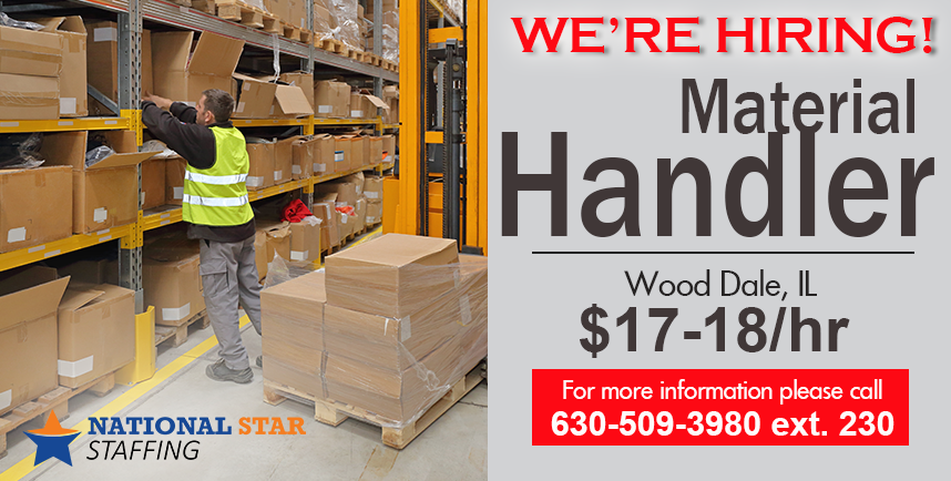 NOW HIRING Material Handler in Wood Dale, IL!!! $17-$18/hr
