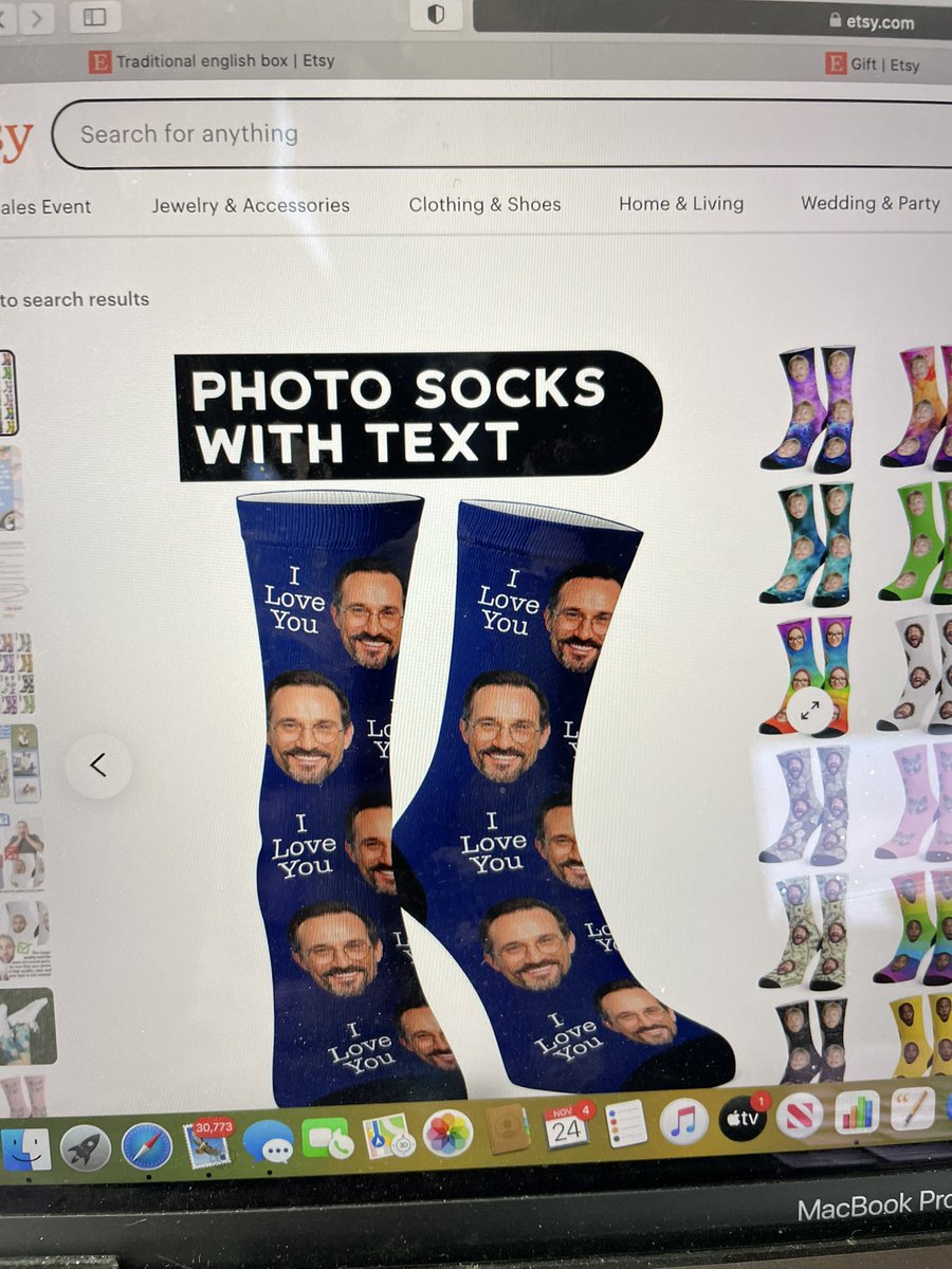 Slaps_Hard's tweet photo. Got my CEO in secret Santa. Doesn’t have anything on his wishlist and there is a $30 limit. What do I get him? Other than these socks with my face on them. https://t.co/MapUGCKYHJ
