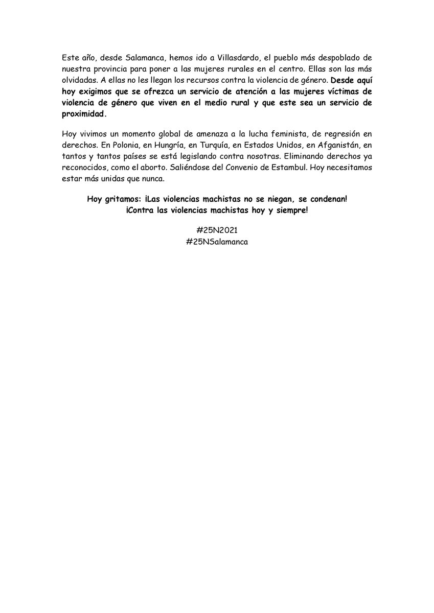 movfeministasa's tweet photo. Mañana #25N2021 os esperamos a las 20:30h. en la Plaza de la Concordia. Este es nuestro manifiesto. Contra los discursos negacionistas de la violencia de género. Por el cumplimiento y mejora del Pacto de Estado.

LAS VIOLENCIAS MACHISTAS NO SE NIEGAN, SE CONDENAN
#25NSalamanca https://t.co/9pIk0wjvp9