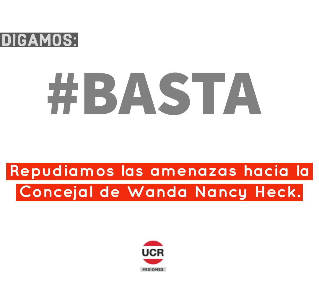 ucrmisionesweb's tweet photo. #Basta 🖐

Desde la UCR Misiones repudiamos las amenazas hacia la persona de la Concejal @nancyheck14 en el cumplimiento de su tarea institucional, ante la intolerante actitud del Presidente y mayoría de los ediles del Concejo Deliberante de Wanda. (Sigue hilo👇🏻) https://t.co/79oLMCd1XN