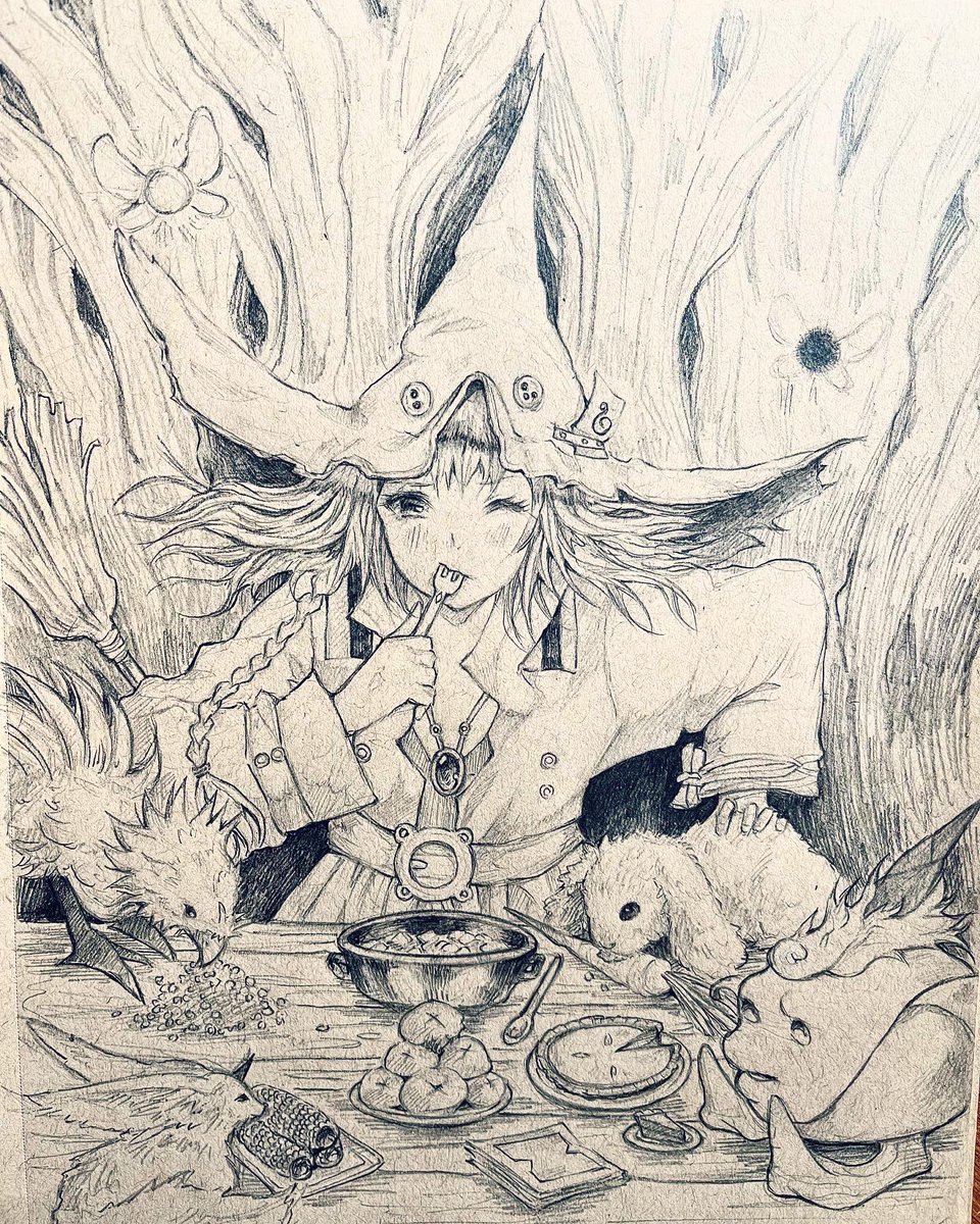 thepotetowitch's tweet photo. Forest creatures and potluck #drawing #drawember #witch https://t.co/qpMoSyr105