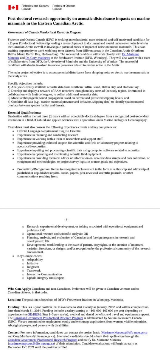 Like acoustics, movement ecology and conservation? @DFO_Science is hiring a postdoc to quantify acoustic impacts of vessel noise on Arctic whales 🐋⛴