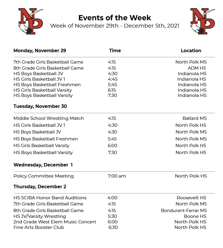 NorthPolkCSD's tweet photo. We have a busy week ahead, get out and support your #NPComets this week! #NPCometPride https://t.co/UVWvKEEtty