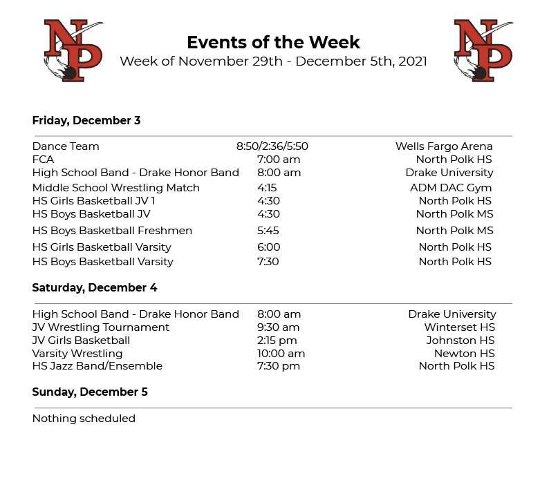 NorthPolkCSD's tweet photo. We have a busy week ahead, get out and support your #NPComets this week! #NPCometPride https://t.co/UVWvKEEtty