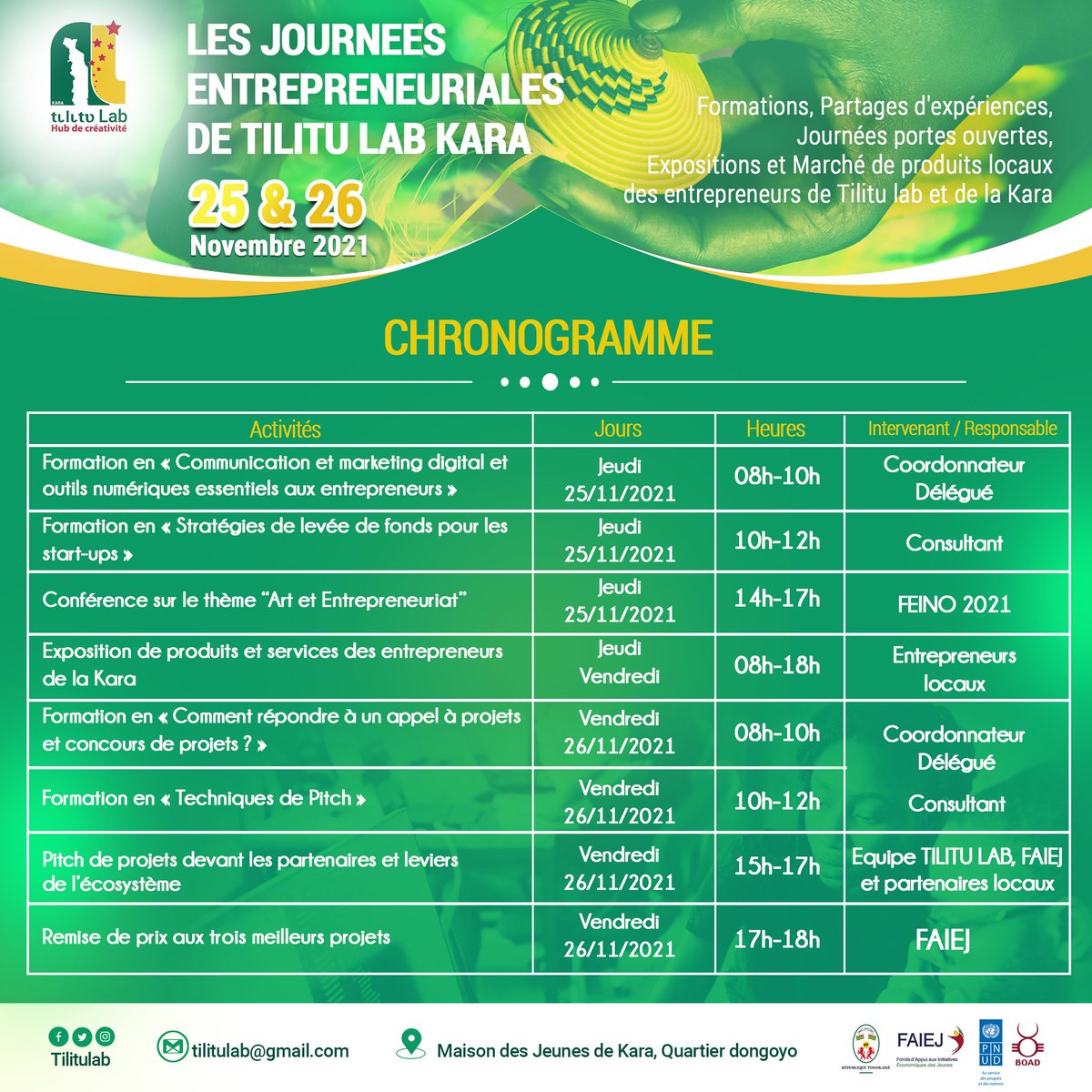 TILITU LAB (@tilitulab) on Twitter photo #JournéesEntrepreneuriales <a href="/Tilitulab/">TILITU LAB</a> #Kara 25 et 26/11/2021, pour renforcer les capacités de jeunes et femmes entrepreneurs innovants, récompenser les trois meilleurs et promouvoir les #ProduitsLocaux
<a href="/PRESIDENCETOGO/">PRESIDENCE DU TOGO</a> <a href="/PrimatureTogo/">Primature Togo</a> <a href="/Devbase_Tg/">Devbase Togo</a> <a href="/faiejtogo/">faiejtogo</a> <a href="/PnudTogo/">Pnud Togo</a> <a href="/boad_official/">Banque Ouest Africaine de Développement</a> #JournéesEntrepreneuriales <a href="/Tilitulab/">TILITU LAB</a> #Kara 25 et 26/11/2021, pour renforcer les capacités de jeunes et femmes entrepreneurs innovants, récompenser les trois meilleurs et promouvoir les #ProduitsLocaux
<a href="/PRESIDENCETOGO/">PRESIDENCE DU TOGO</a> <a href="/PrimatureTogo/">Primature Togo</a> <a href="/Devbase_Tg/">Devbase Togo</a> <a href="/faiejtogo/">faiejtogo</a> <a href="/PnudTogo/">Pnud Togo</a> <a href="/boad_official/">Banque Ouest Africaine de Développement</a>
