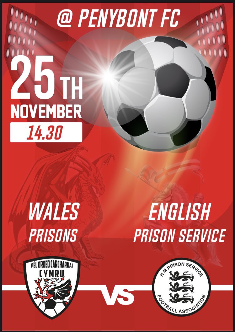 WalesPrisonsFC's tweet photo. It’s the big one tomorrow @PenybontFC_ football ground kick off at 14:30pm @ESFL20 https://t.co/l34oUmxCDP