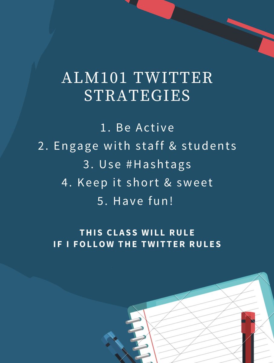 ZSaundersALM101's tweet photo. My Twitter strategies for #ALM101 ! I used Canva for the first time to achieve this poster and I love it 😍😍 https://t.co/Yz0kvoXQo5