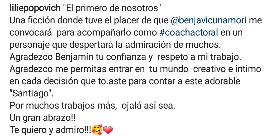 📷 Ig  <a href="/lilipopovich/">Lili Popovich</a> "El primero de nosotros" Una ficción donde tuve el placer de que <a href="/benjavicunamori/">Benjamín Vicuña Luco</a> me convocará  para acompañarlo como #coachactoral en un personaje que despertará la admiración de muchos.
Agradezco Benjamín tu confianza... #ElPrimerodeNosotros #Telefe