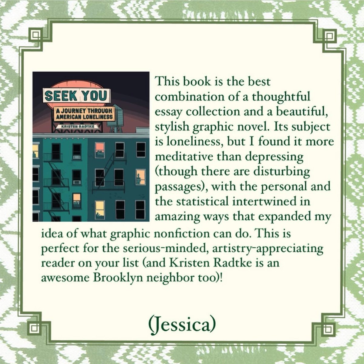 greenlightbklyn's tweet photo. @booknerdnyc recommends @KristenRadtke’s Seek You, which she praises as “perfect for the serious-minded, artistry-appreciating reader on your list.” https://t.co/1AfrPllh3n