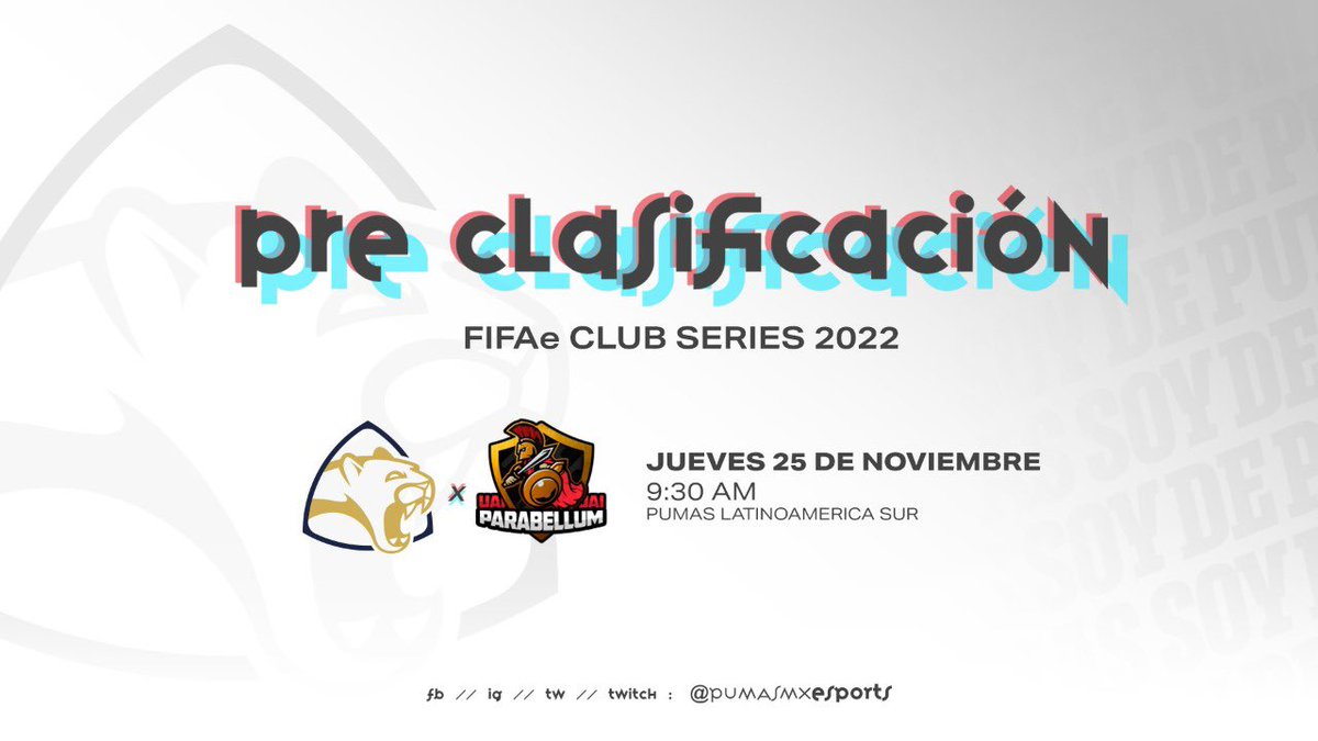 Jugaremos nuestro encuentro de pre clasificación del FIFAe CLUB SERIES 2022 ante Parabellum. ⚽️🎮

📺No se pierdan la transmisión por nuestro canal de Twitch. 

m.twitch.tv/pumasmxesports

#HastaLaÚltimaVida #SoyDePumas
