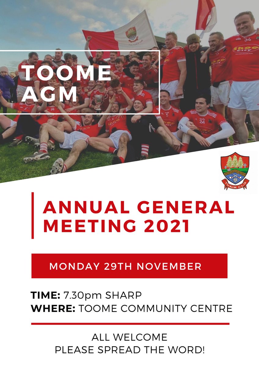 TuaimCLG's tweet photo. TOOME AGM 🔴⚪️ 7.30pm Monday 29th November. Looking forward to seeing you all there #toomegfc @monaghangaa https://t.co/p1r17b8xu6