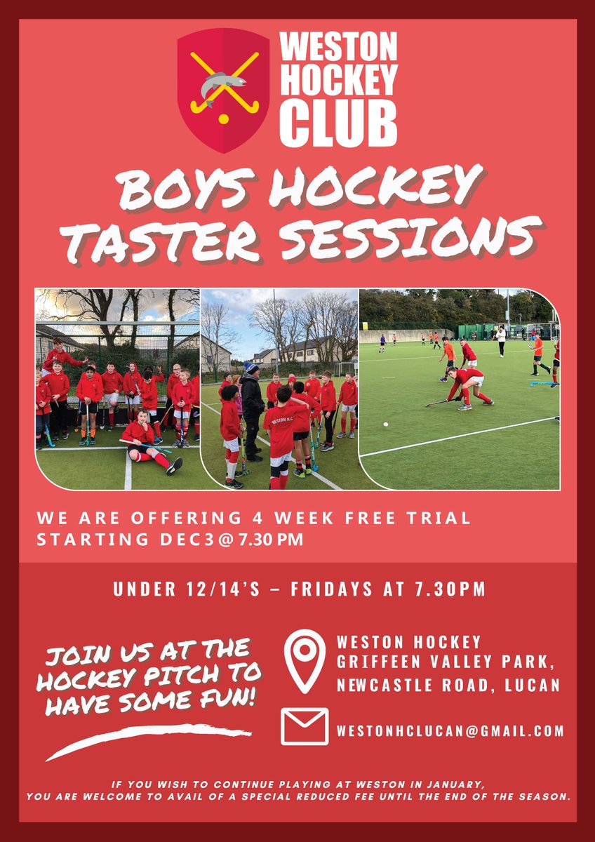 Weston Hockey Club (@westonhc1) on Twitter photo We are inviting U12 and U14 Boys to join the Club. If you have a bit of experience / interest in hockey, why don't you come down for a free taster sessions for a few weeks starting Dec 3 @ 7.30? Any queries drop us an email westonhclucan@gmail.com. Bring gumshield. We are inviting U12 and U14 Boys to join the Club. If you have a bit of experience / interest in hockey, why don't you come down for a free taster sessions for a few weeks starting Dec 3 @ 7.30? Any queries drop us an email westonhclucan@gmail.com. Bring gumshield.