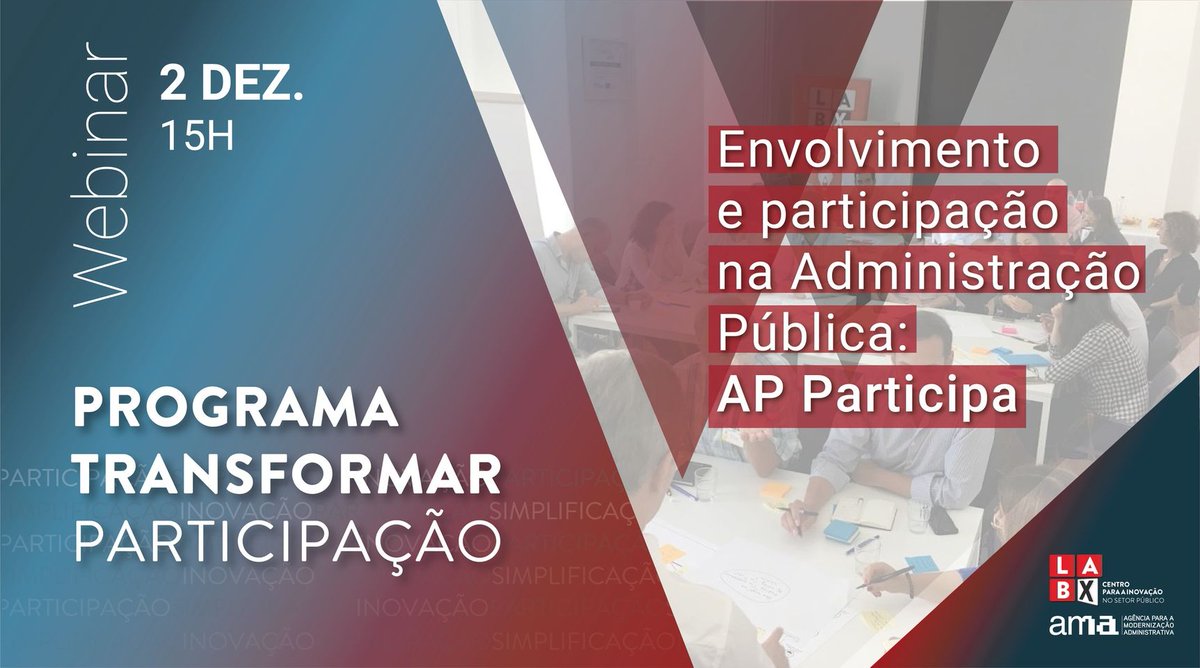 LabX_govpt's tweet photo. Dia 2 de dezembro às 15h, assista ao webinar sobre “Envolvimento e participação na Administração Pública: AP Participa".
Inscreva-se: https://t.co/olSNn04hcX
#ProgramaTransformar #Participação https://t.co/jlcfUJa9yk