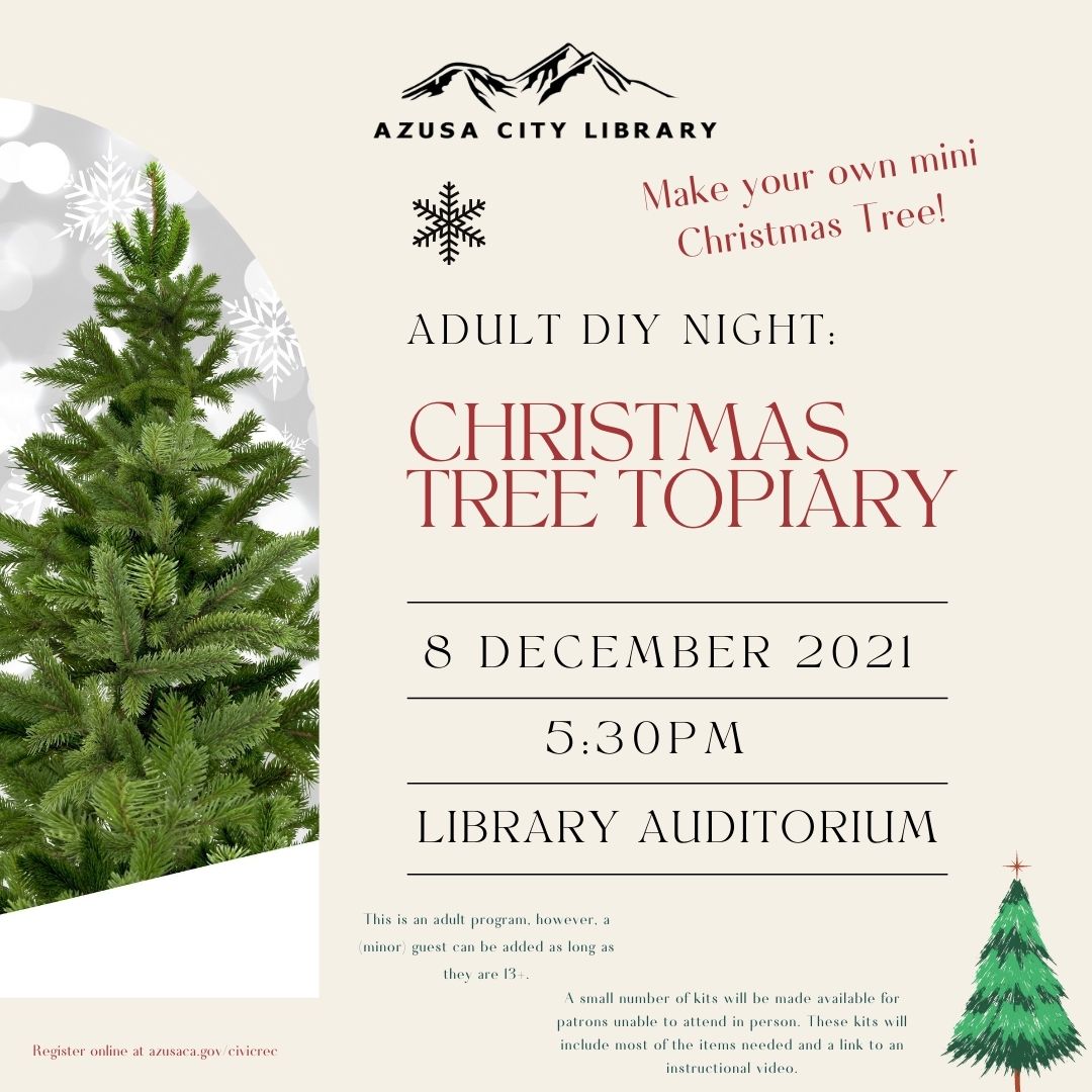 cityofazusa's tweet photo. Join us for our December Adult DIY Night, where you can decorate your own mini Christmas tree. Our program will be on December 8th at 5:30 pm, but you can choose the take home option instead. Register online at https://t.co/42AGfZecl9. #azusacitylibrary #diy #christmastreetopiary https://t.co/Wyidjs8SFM