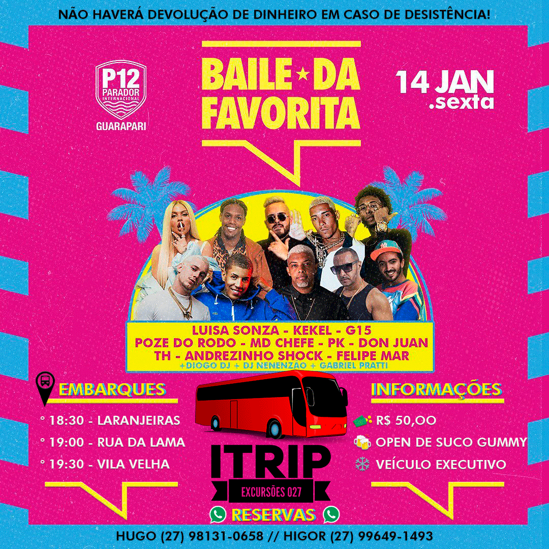Hugoalves_'s tweet photo. 🎵 Baile da Favorita :: P12 Guarapari / iTrip - Excursões 027.

🚍Ônibus executivo, ar-condicionado, poltronas reclináveis, banheiro.

🍻 OPEN DE SUCO GUMMY 🍻

Reservas e Informações:
Hugo Alves: 27 98131-0658
Higor Souza:  27 99649-1493 https://t.co/9xyWAiQ9ay