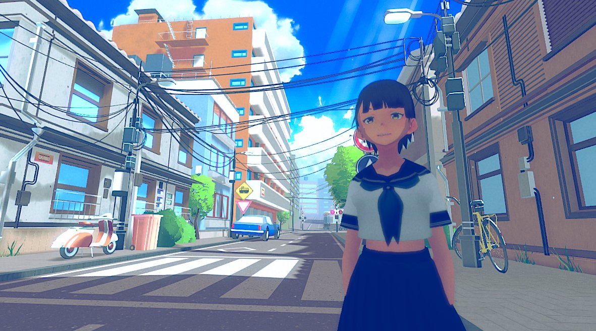 cooz_jp's tweet photo. んで、おなじみhiyakeちゃんを #Quibli のDemoシーンに突っ込んでみた

#Vroid はVRMでもFBX変換してあっても、URPに適応させるのはちと大変、いろいろいじったけど日焼け色じゃないし、顔と体の色が変わっちった

でもまぁ世界観には溶け込んでる感あるからいいかな

たのしい！

#unity https://t.co/5H2FttUecV