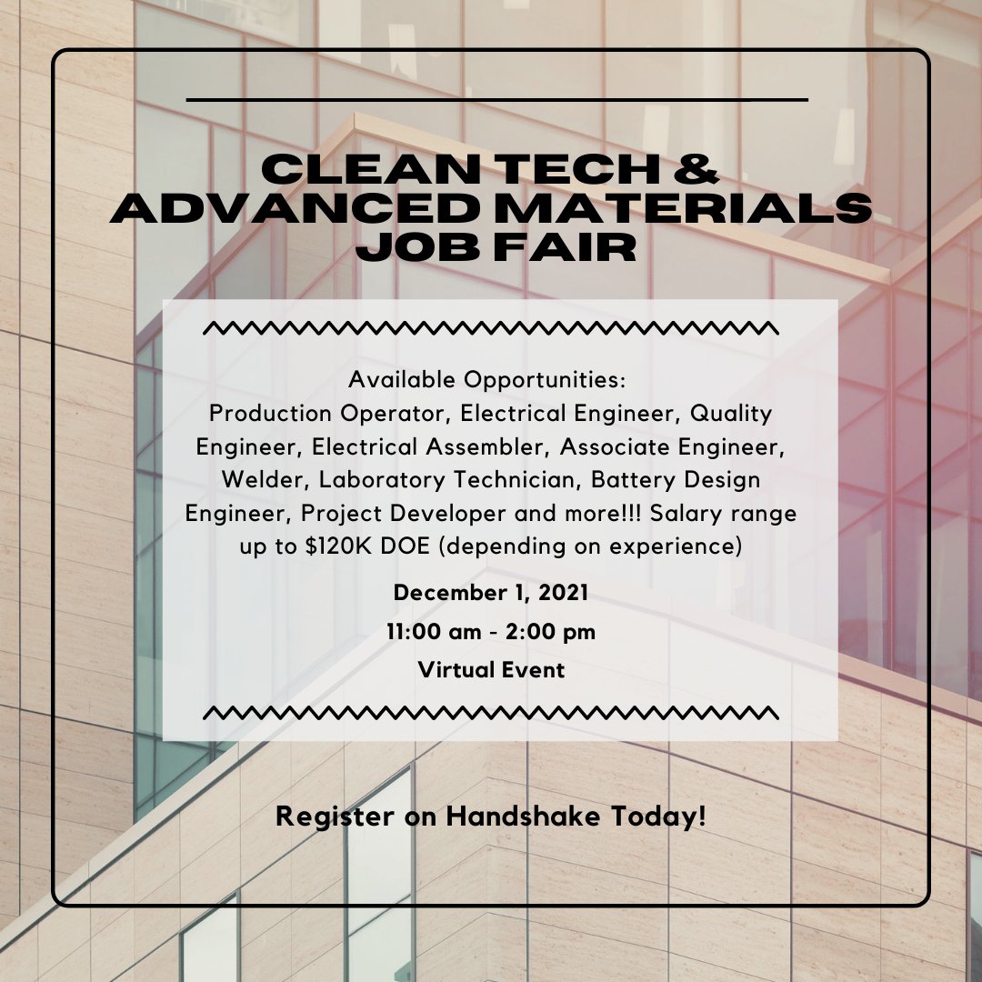 AUCareers's tweet photo. Register on Handshake for the upcoming Clean Tech and Advanced Materials Job Fair on December 1st from 11am - 2pm! Entry level through management positions are available. See you there! #AUCareers https://t.co/KC7Ku4PbhH