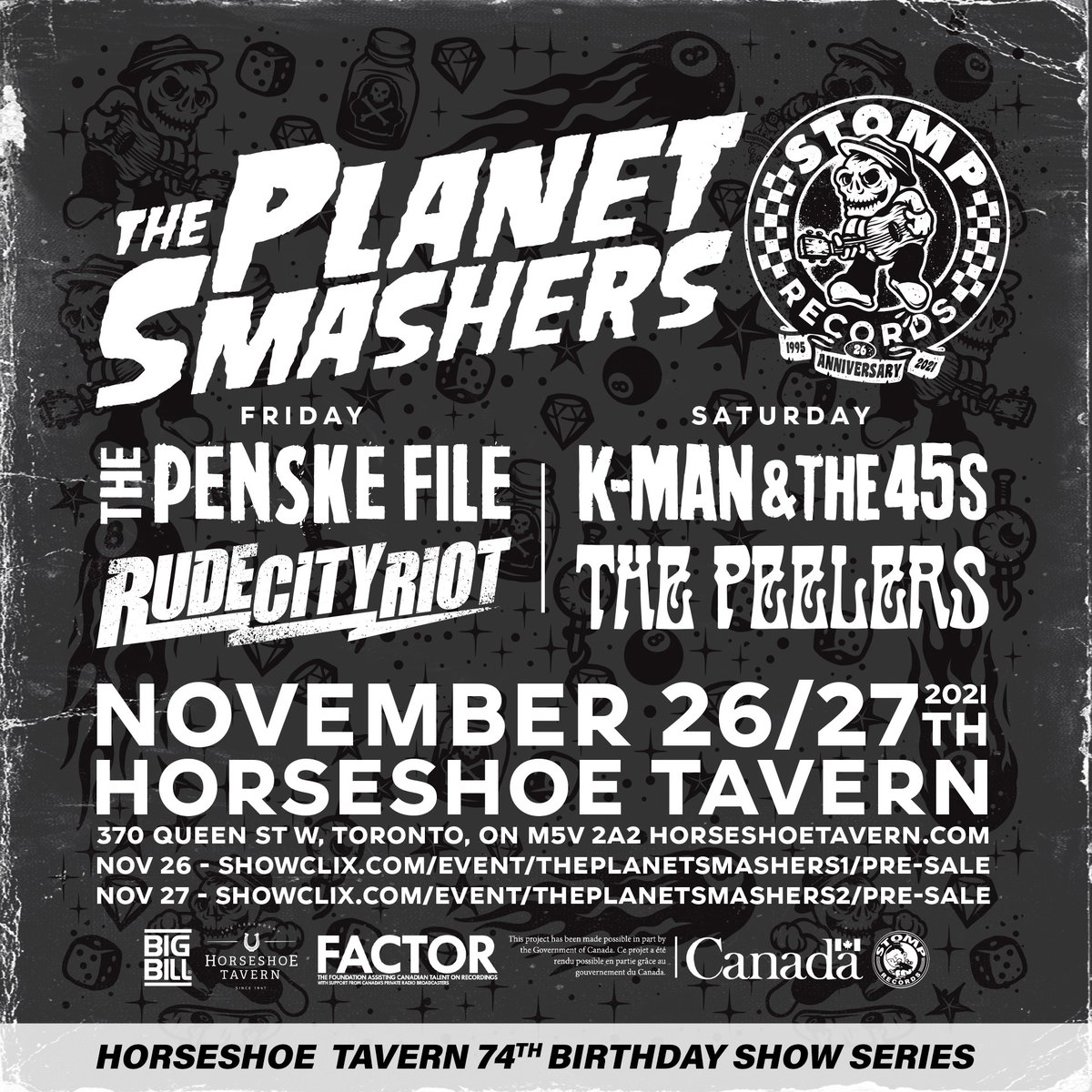 Don't miss @Planet_Smashers at the Horseshoe Tavern this weekend! They'll be here on Nov 26th & 27th to celebrate two birthdays - @StompRecords' 26th and our 74th 🥳 Tickets at horseshoetavern.com