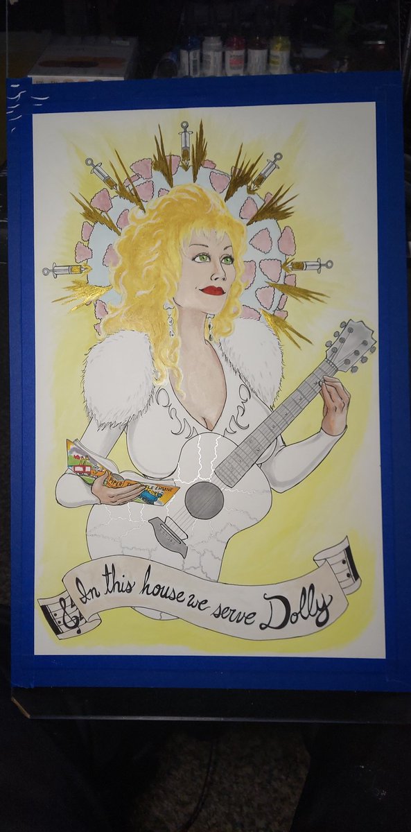 FullFaceSmile's tweet photo. Finished this eeaaarly this morning. 
"Dolly"
Watercolor, Acrylic, Markers, Ink and make up. 
It touches on her contributions to music, development of the covid vaccine and children's literacy.
@DollyParton 
#analogartbyadam #dollyparton #Dolly https://t.co/Hn7fLg7xdk