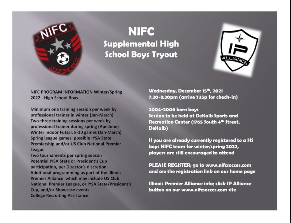 High school boy looking to play club soccer this winter and spring? Check this out!
Go to nifcsoccer.com to register!